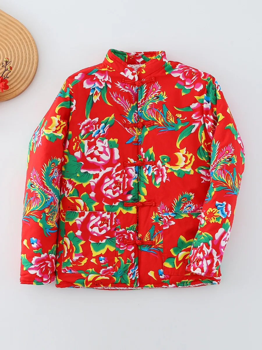 

Northeast China Big Flower Cloth Thick Warm Red Pattern Coat for Women