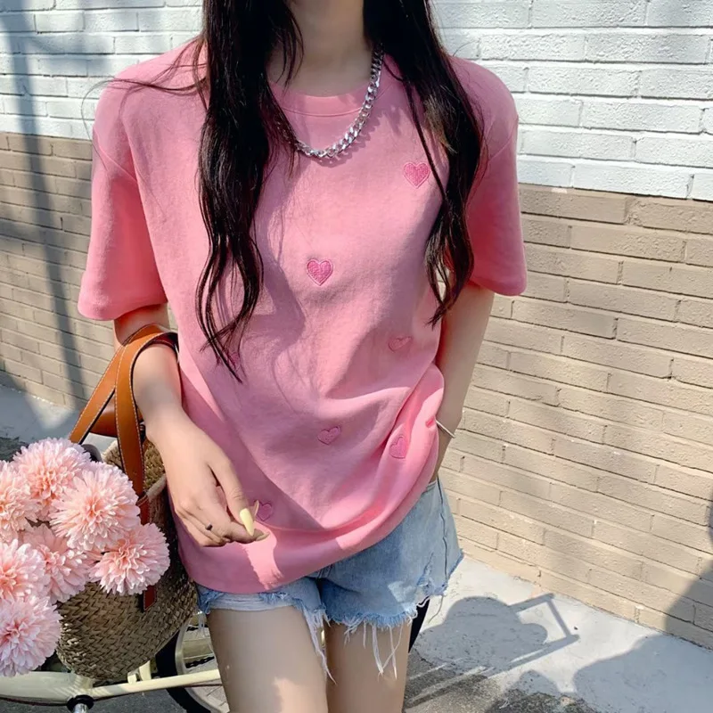여성용 반팔 O넥 티셔츠, 한국 스타일, 사랑 자수 패션, 여성용 탑 티셔츠, 용수철 여름, 직송