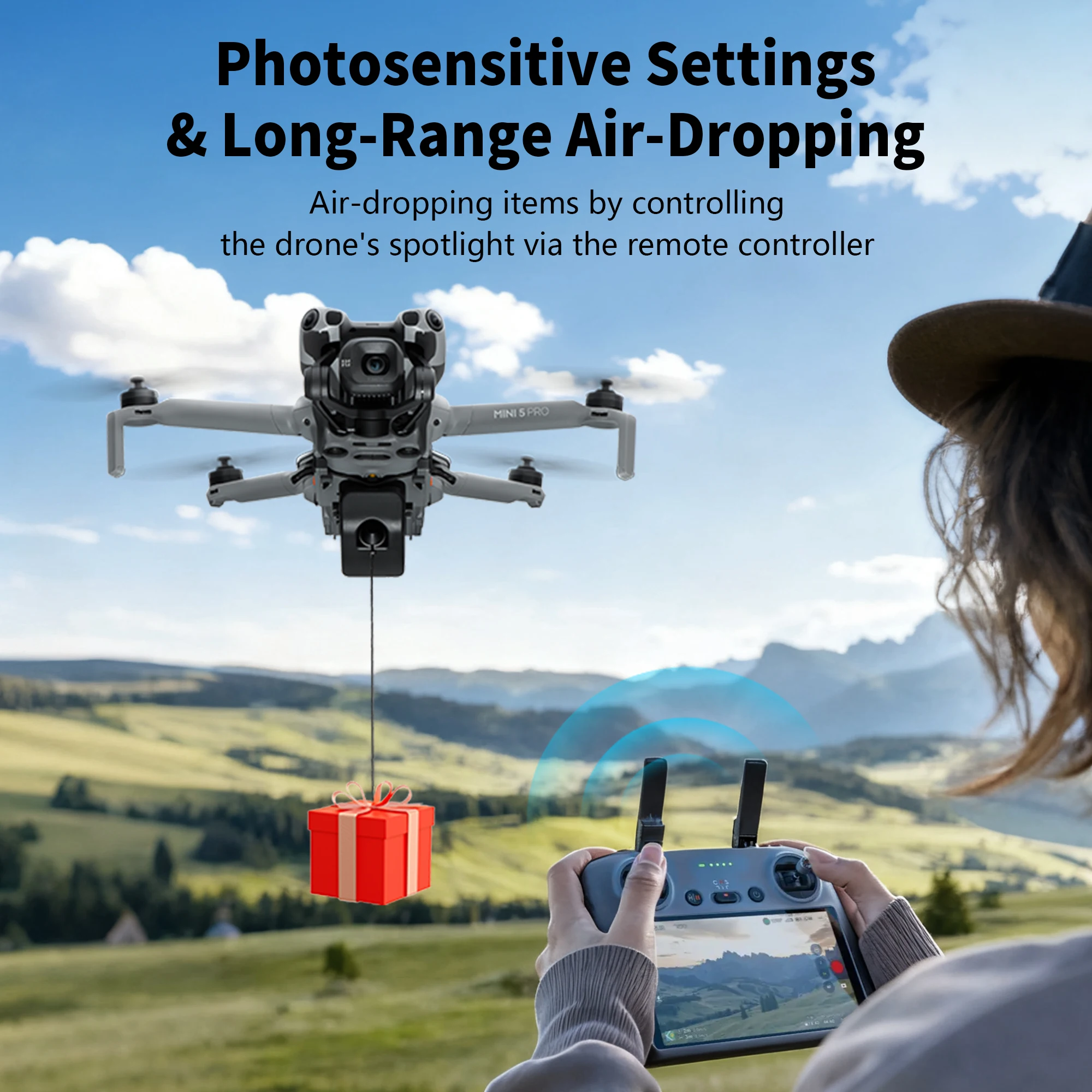 Largueur pour drone DJI Mini 5 Pro installé, détail du mécanisme de largage et de la batterie