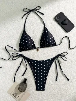 Sexy Bikini Set Black White Polka Dot 2 Piece Swimsuit for Women American Style Beach Bikini 1