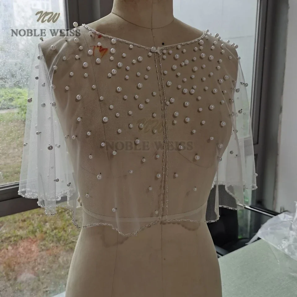 Pearls Tulle Satin Wedding Shawl Bolero Jackets For Bridal Party Coat Bridal Wrap Customized wedding shawl