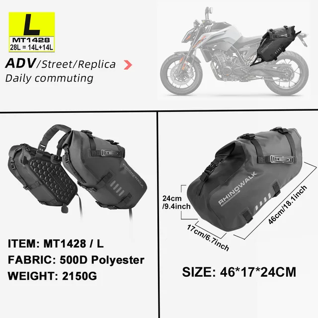 Rhinowalk Motorcycle Back Seat Bag 28L/48L Double Side Saddlebag