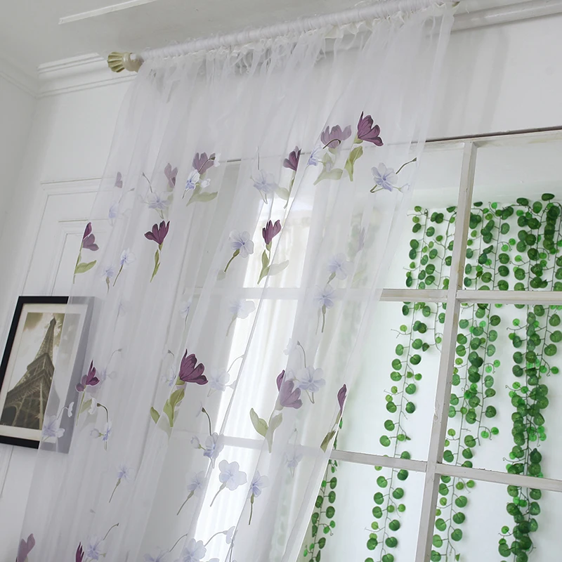 Sheer Window Curtains Peony Flower Printed Polyester Tulle 1Pc