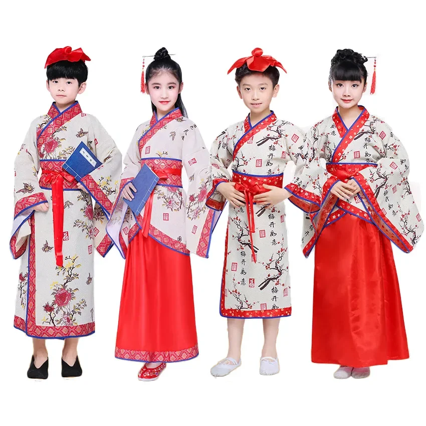 

Children Boys Ancient Qing Dynasty Hanfu Kids Fairy Girls Long Dress Robe Royal Emperor Folk Dance Costumes Stage Performance