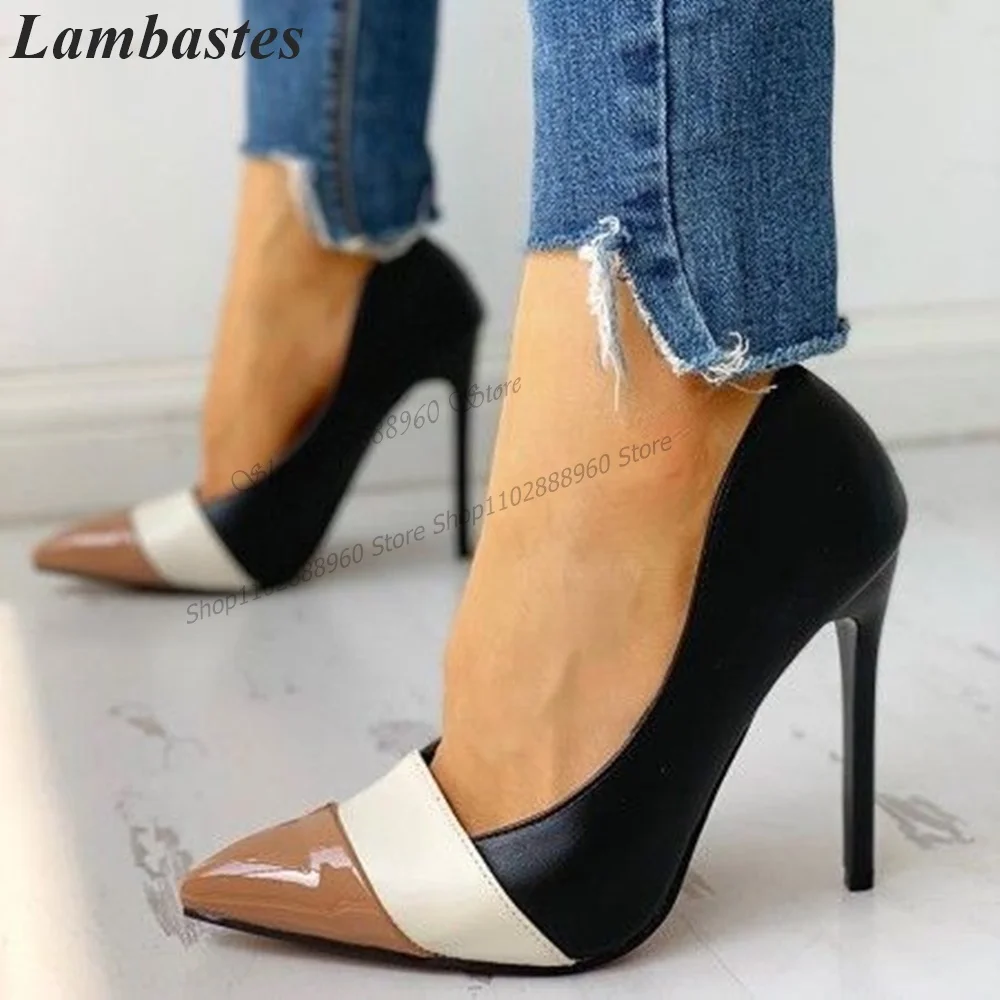 

Mixed Color Patchwork Pumps Cover Heel Stilettos High Heel Women Shoes Slip-On Pointed Toe 2023 Fashionable Zapatillas Mujer