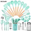 44pcs Premium Silicone Kitchen Utensil Set With Wooden Handles And Knife - Heat-Resistant, Non-Stick Friendly Cooking To - Green