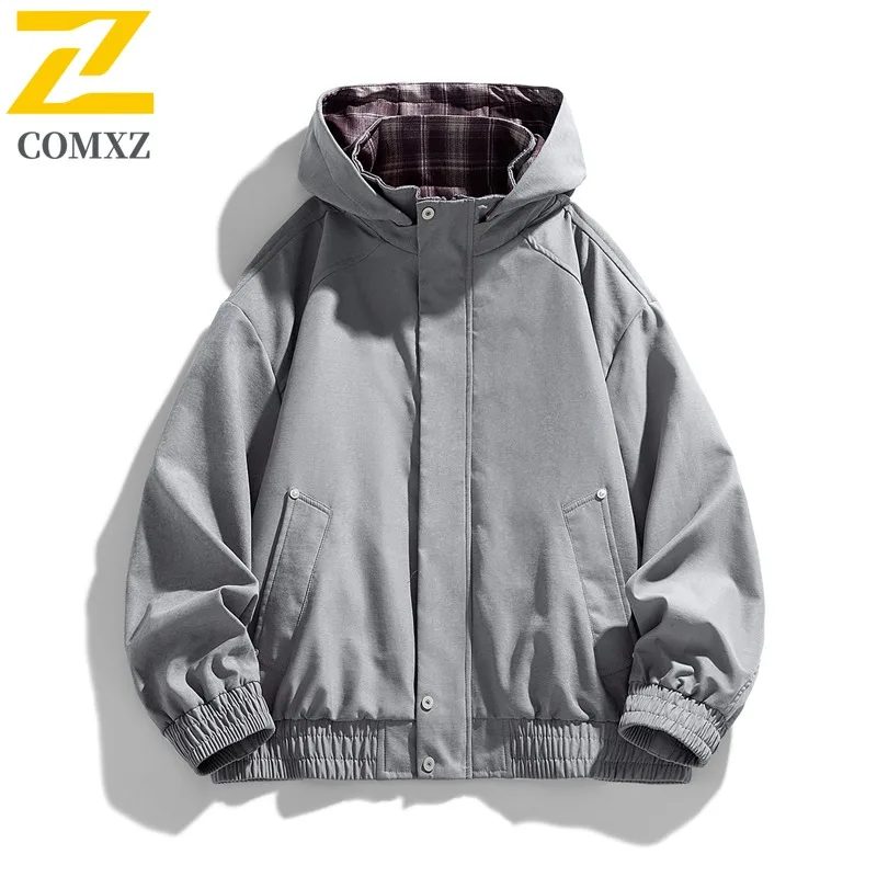EIAO Suede Hooded Jacket Vintage Plaid Shirt Collar Two-Layer Design Spring Couple Windbreaker Streetwear Oversized Outerwear