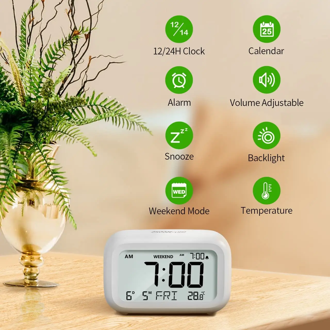 Reloj despertador digital de viaje de sobremesa plegable portátil con  calendario de temperatura Fecha Semana Blanco