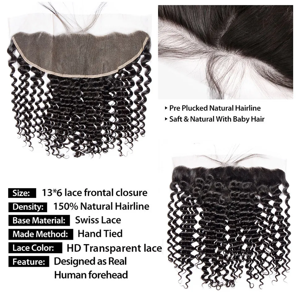 4x4 5x5 13x4 13x6 Deep Wave Transparent Lace Closure Peruvian Curly Human Hair 360 Frontal