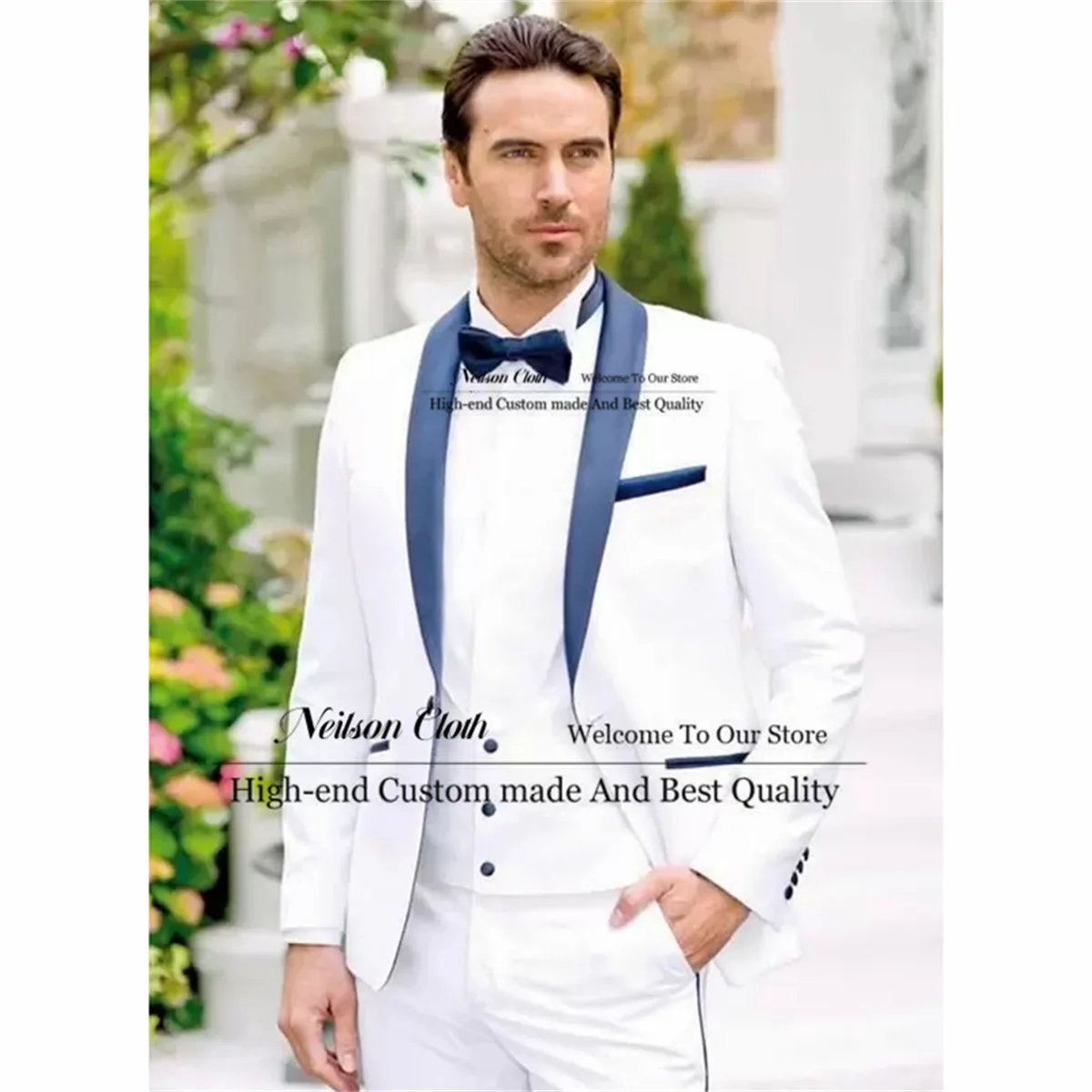 

White Male Prom Blazers Shawl Lapel One Button Men Suits 3 Pieces Sets Groom Wedding Tuxedos Groomsmen Slim Fit Costume Homme