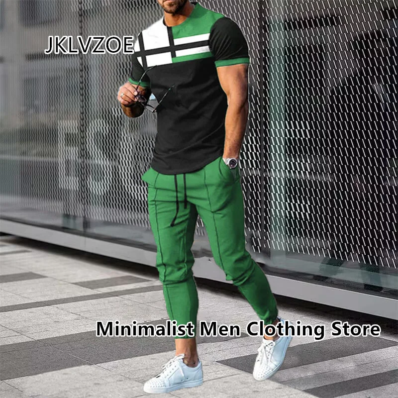 2 Piece Set Outfits Men's Trousers Tracksuit Plaid 3D Printed Street Clothes Jogger Sportswear T Shirt+Long Pants Casual Suits
