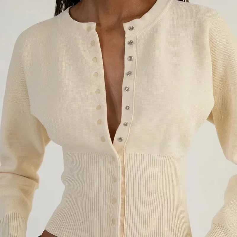 Ribbed Knit Cardigan T-shirt Long Sleeve Women Slim Fit O