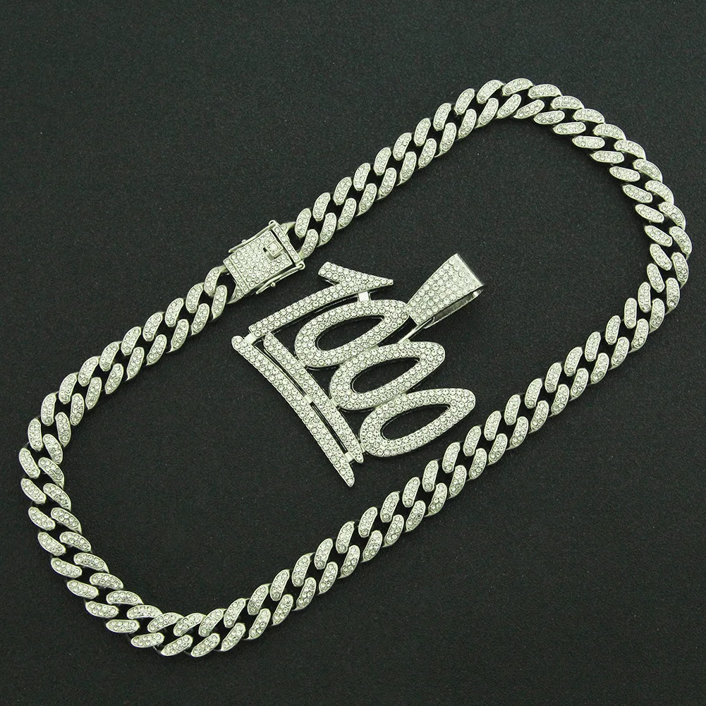 

Rapper Iced Out Cuban Chains Bling Diamond Number 1000 Rhinestone Pendants Mens Necklaces Gold Hip Hop Jewelry for Women Collar