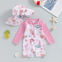 Baby Girl's Bathing Suit Set Sea Shell Print Long Sleeve Rash Guard Swimsuit Wide Brim Sun Hat Infant Toddler Beachwear 1