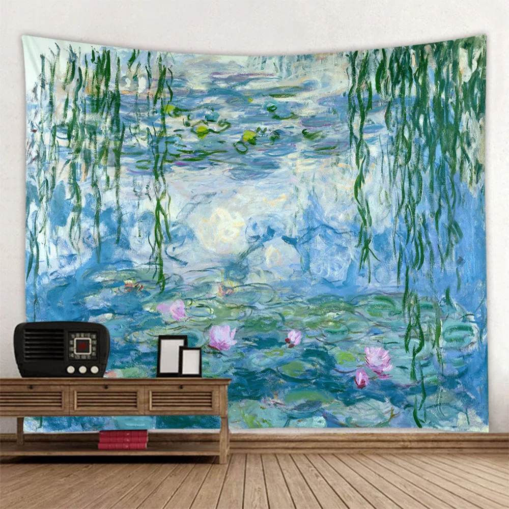 Vintage tapestry art poster lotus wall hanging Van Gogh oil painting aesthetic tapestry living room and bedroom decoration