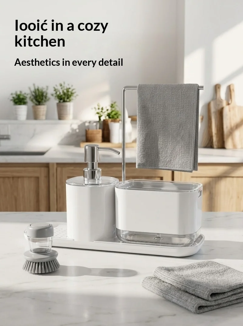 Kitchen Countertop Sink Drain Tray with Manual Press Detergent Dispenser And Towel Rack Detergent Liquid Dispensing Container Fo