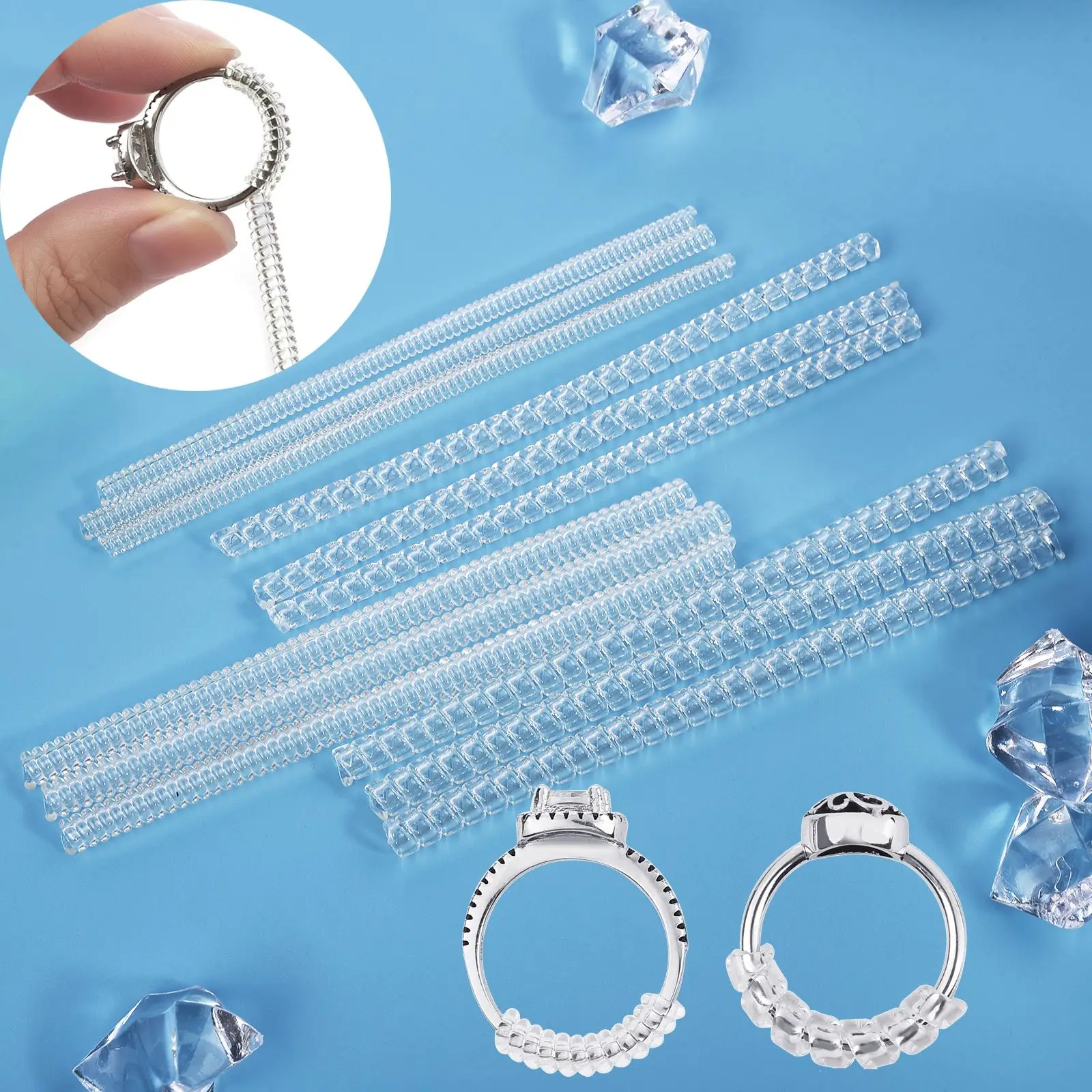 Ring Size Adjuster for Loose Rings, 4 Sizes Clear Ring Sizer Adjuster with  Polishing Cloth , Spiral Silicone Tightener Set, Invisible Ring Guards (12  Pack) 