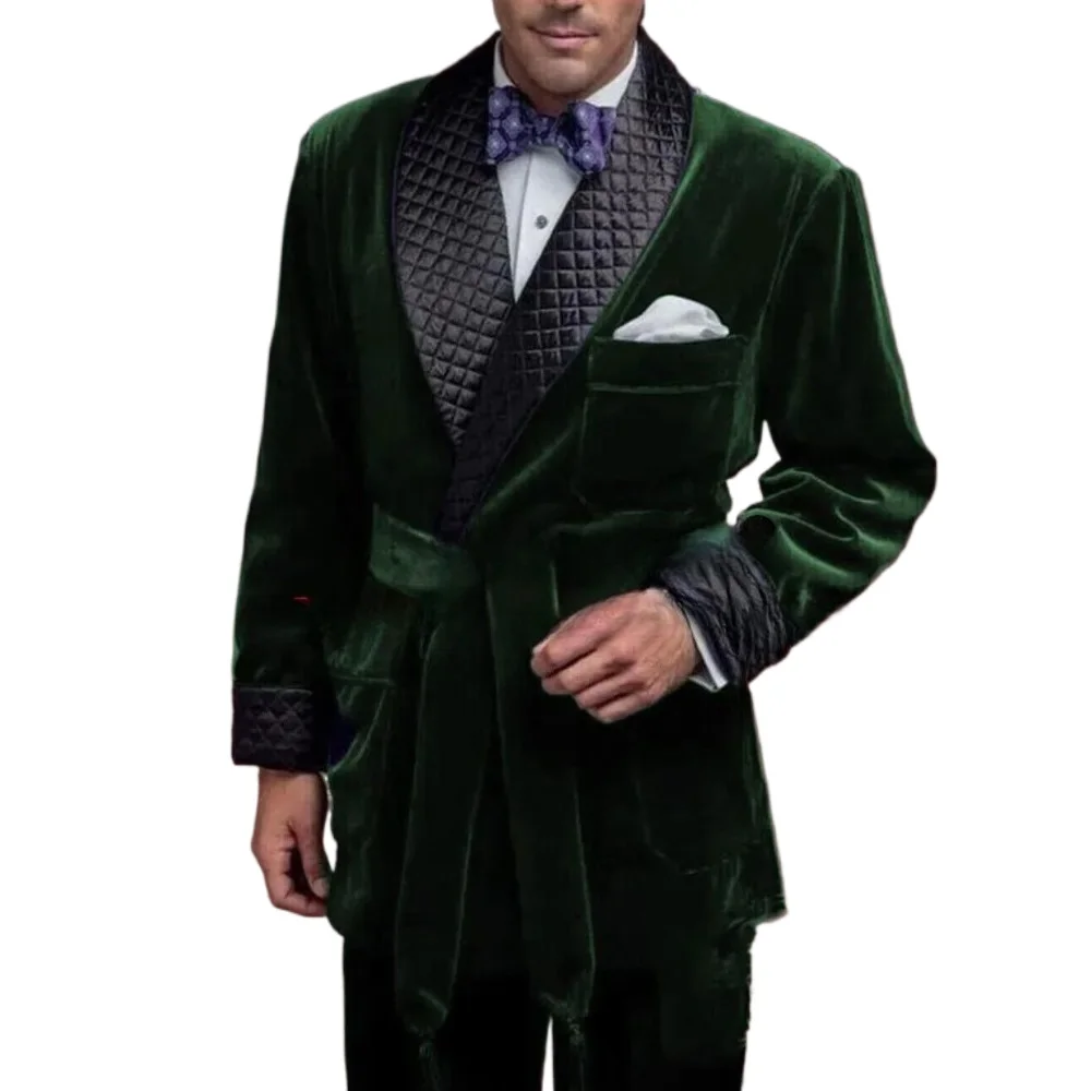 Vestes de costume de fumée en velours vert pour hommes