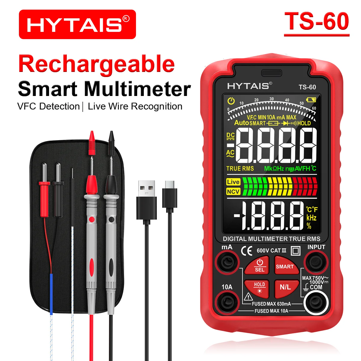 HYTAIS TS-60 Smart Multimeter 6000 Counts Color Screen TYPE-C Rechargeable VFC Measures Voltage Current Capacitance Resistance