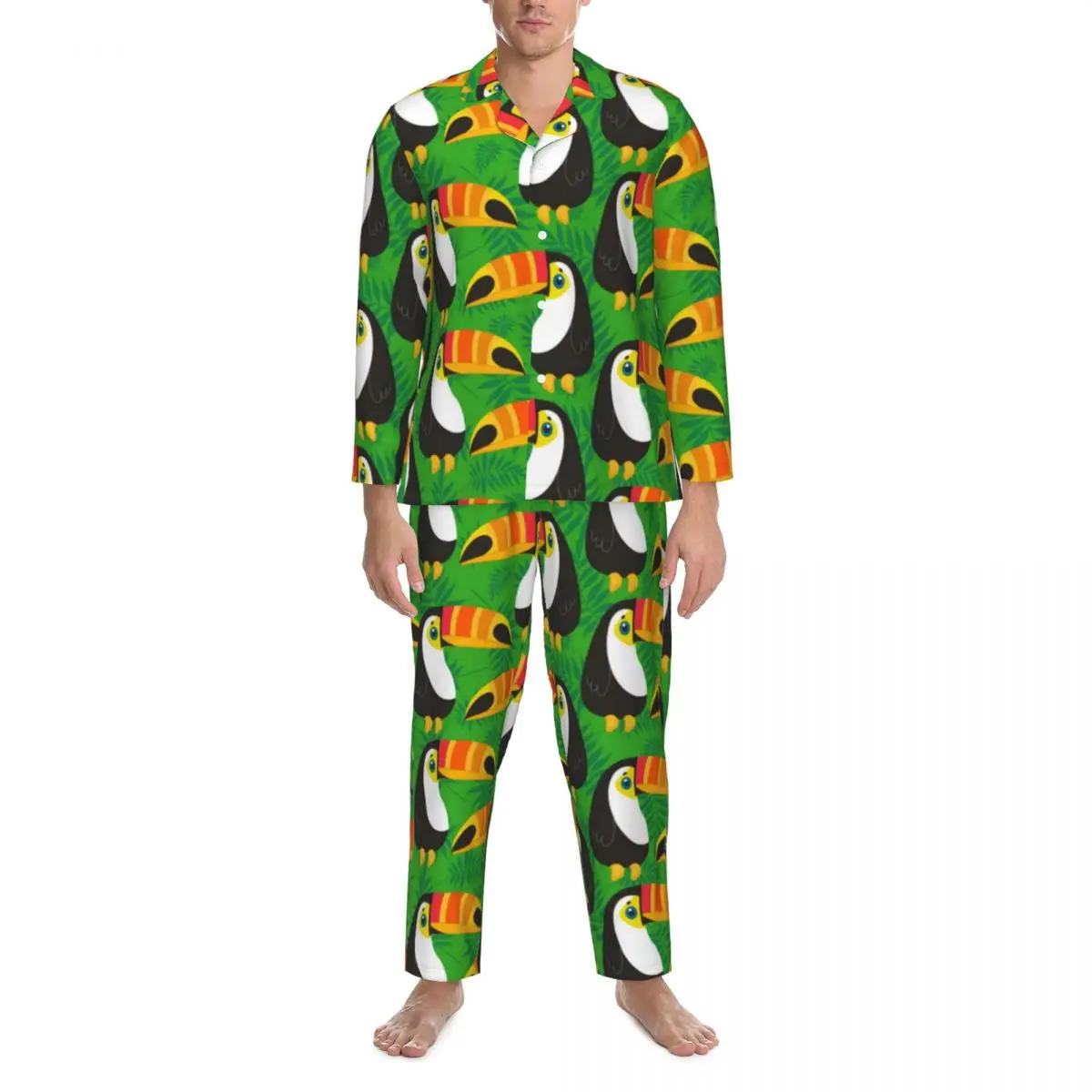 

Pajamas Mens Toucan Birds Leisure Nightwear Green Leaves Tropical 2 Pieces Casual Pajama Set Long Sleeve Oversized Home Suit