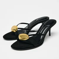 Summer 2025 Metal Decorative Black High-heeled Sandals Women Fashion Round Toe Open Toe Sexy Thin High Heel Slippers Ladies Shoe - Image 2