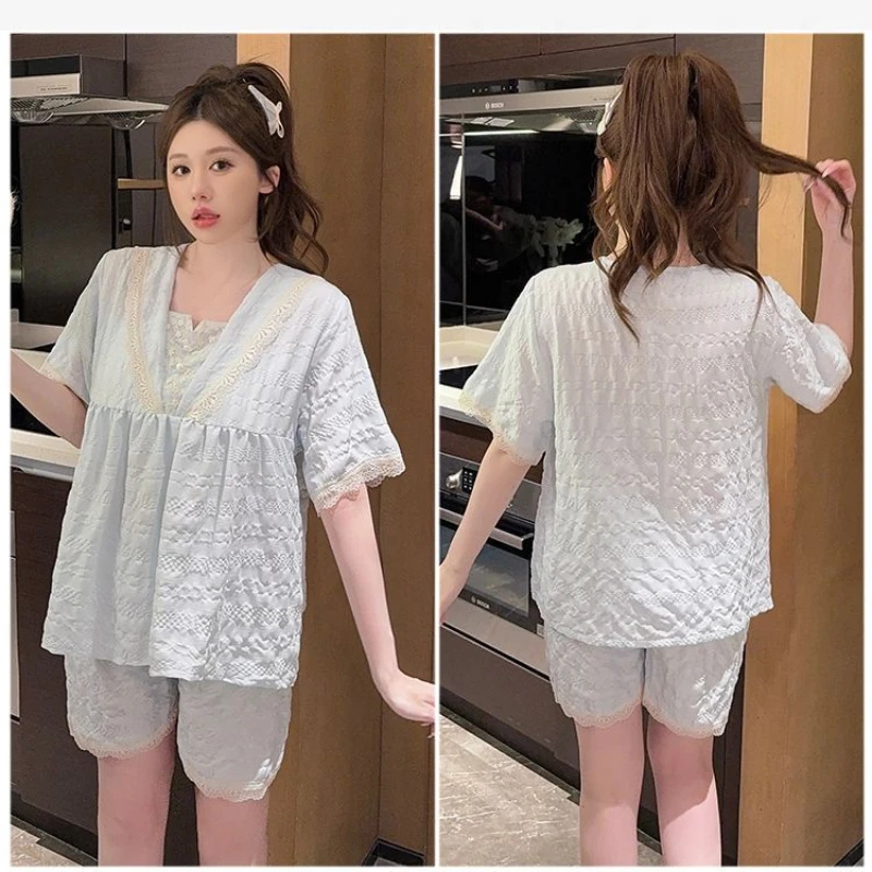 M-5XL 110kg Plus Size Pajamas with Chest Pads Women Summer Short Sleeves Sleepwear Princess Style Loose Loungewear Two-Piece Set