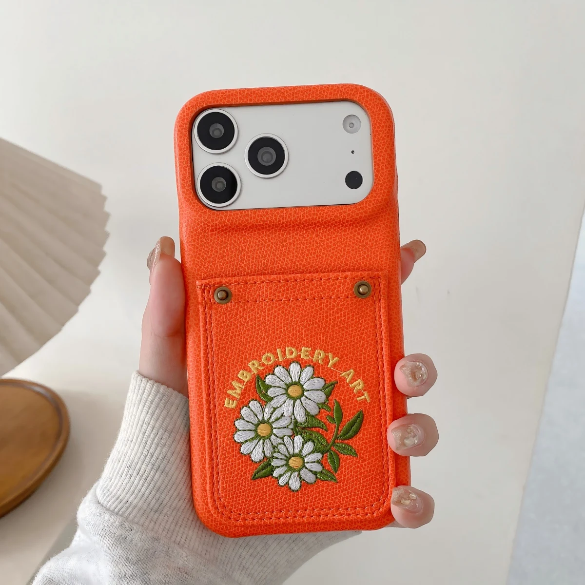 PU Leather Phone Case with Card Pocket and Embroidery - Simple Half-Wrapped Shockproof Design