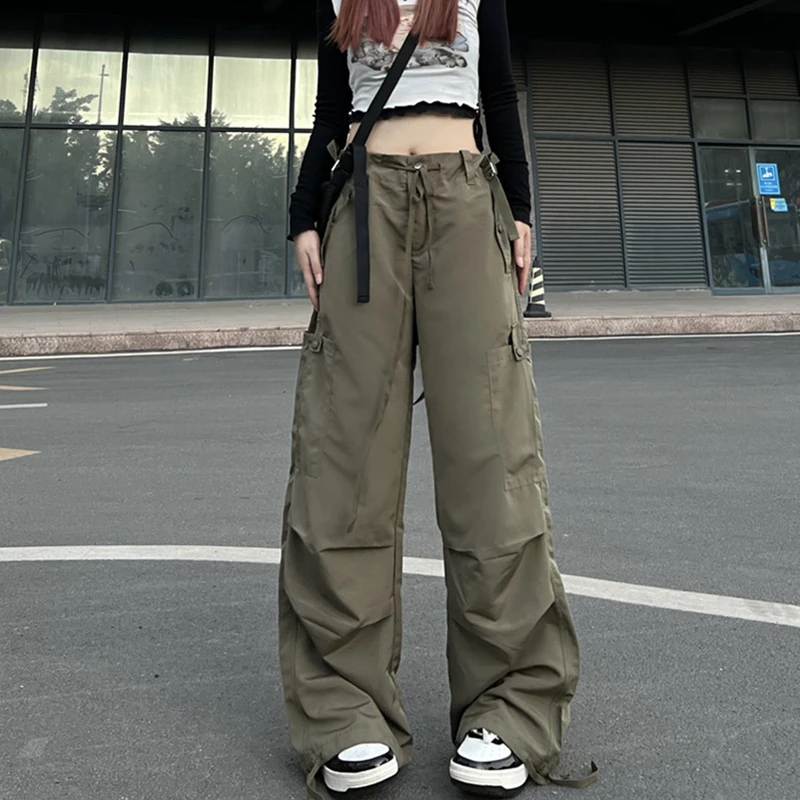 

y2k Vintage Cargo Pants Woman Solid Color Drawstring Low Waist Baggy Trousers with Pockets Relaxed Fit Trousers Streetwear
