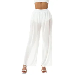 Women See Throug Mesh Cover up Pants Swimsuit Bikini Bottom Cover up Elastic Waist Loose Wide Leg Long Palazzo Pants Trousers