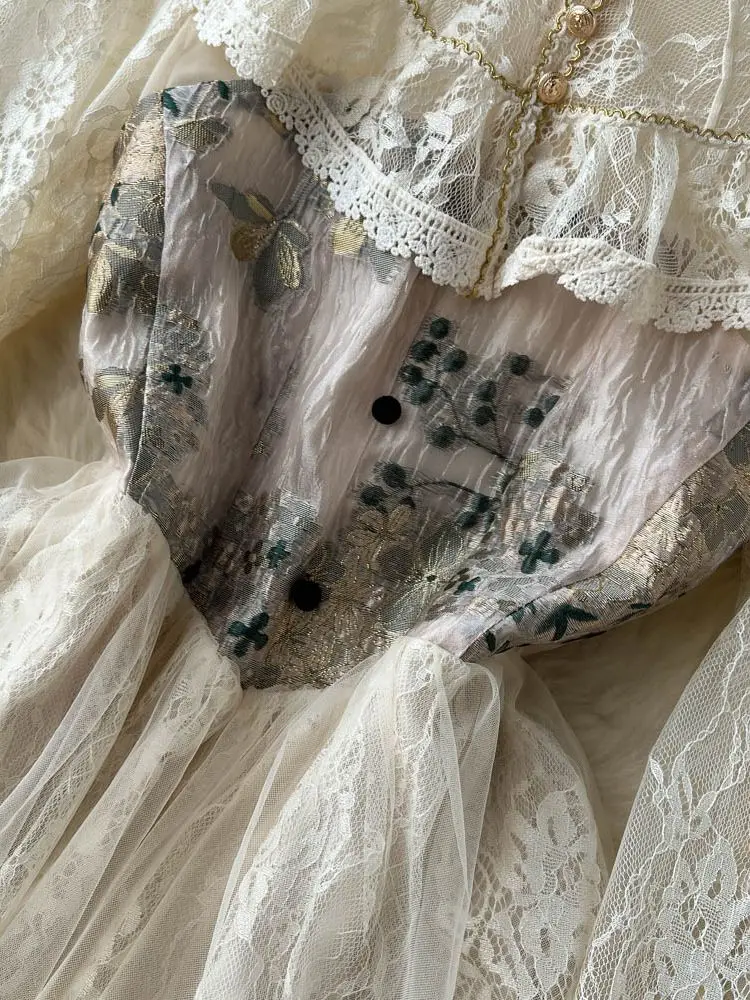 French Vintage Flower Jacquard Patchwork Lace Sweet Dress Women  