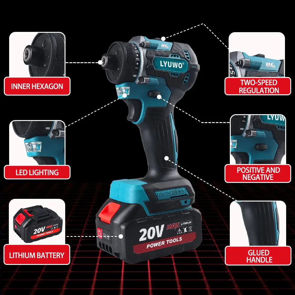 LYUWO 1/4 Inch Brushless Electric Screwdriver 20+1 High Torque Variable Speed Cordless Drill Power Tool For Makita 18V Battery 6