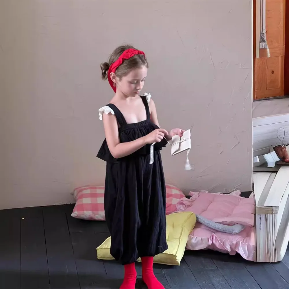 

Брюки для девочек, Новинка лета 2024, однотонный комбинезон с вырезами и рукавами «Лотос» в Корейском стиле, удобные модные летние детские брюки