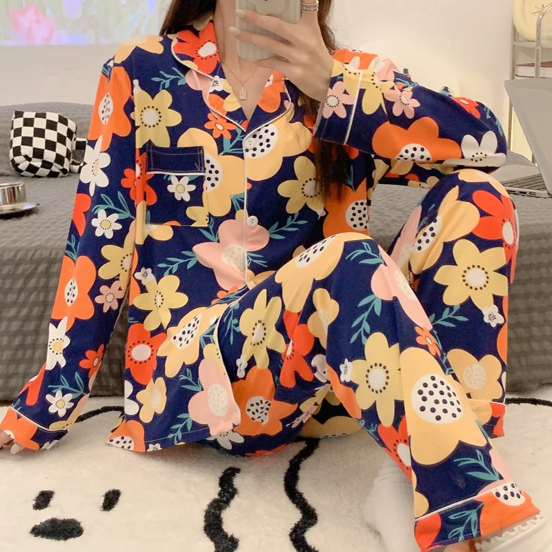 Cardigan small lapel imitation cotton women's pajamas suit spring new long-sleeved autumn pajamas girls sweet casual home wear
