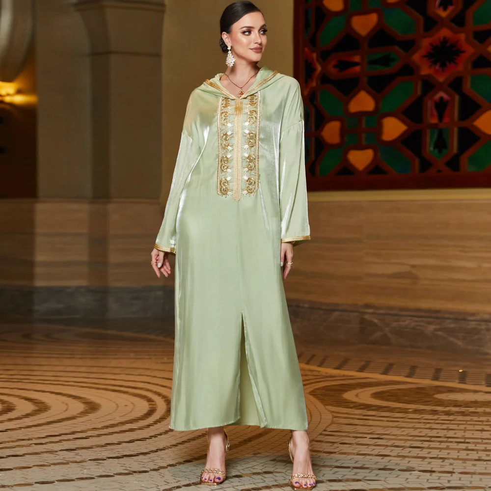 

Abaya For Women Jellaba Muslin Dubai Hooded Women Robe Golden Light Mint Green Spliced Lace Bead Tube Embroidery Robe Arab