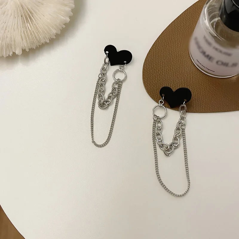 Hip Hop Black Heart Tassel Chain Earrings For Women Korean Brincos Femme Jewelry Streetwear Fashion,crystal tassel earrings,dangle earrings