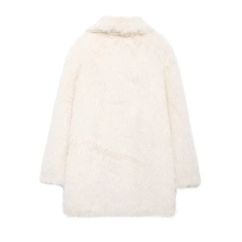 Fashion Solid Fluffy Faux Fur Coat Women Lapel Long Sleeve Thick Warm Loose Jackets 2025 Winter Elegant High Street Outerwear