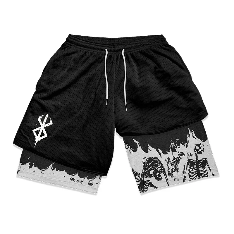 Berserk Guts Anime Shorts Skull Print Y2K 2 in 1 Gym Shorts Men Fitness Mesh Quick