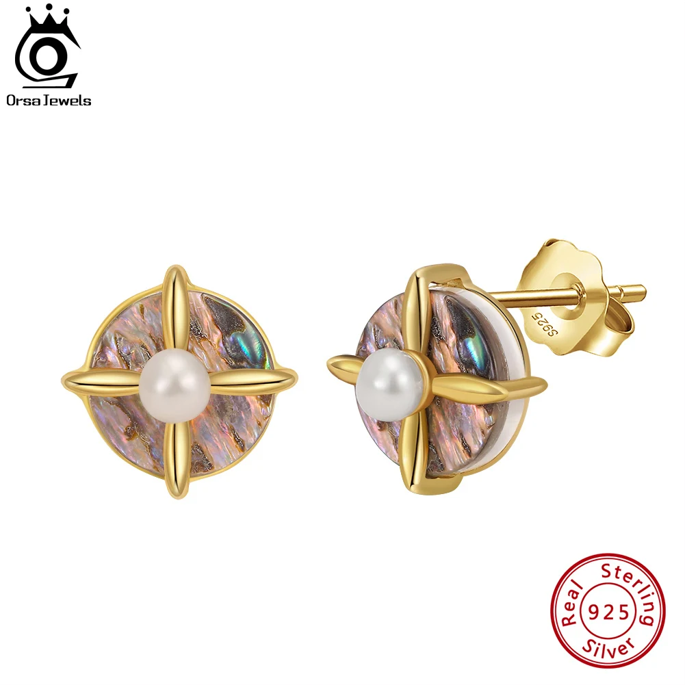

ORSA JEWELS 14K Gold 925 Sterling Silver Pearl Earrings with Abalone Shell for Women Fashion Pearls Ear Stud Jewelry GPE25