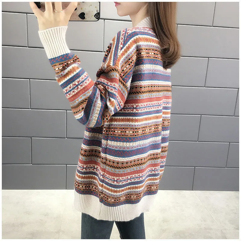 

Vintage Striped Fashion Knitted Cardigan Sweater Women Autumn Winter Long Sleeve Loose Single Breasted Top Coat Female Clothing