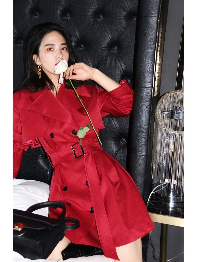 

British temperament double breasted waist short style windbreaker small man red windbreaker