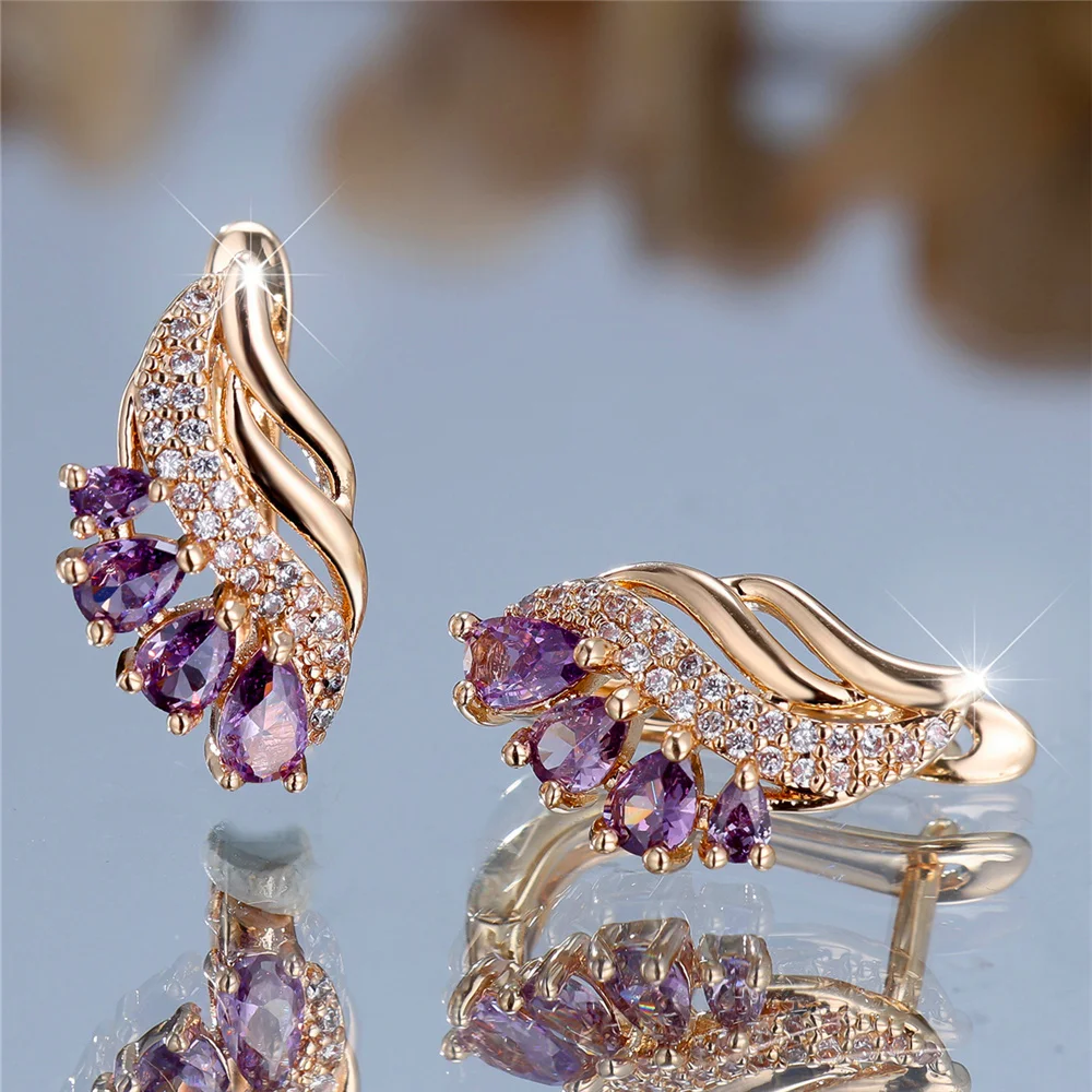 Charm Female Purple Zircon Stone Hoop Earrings Gold Color Simple Wedding Jewelry For Women