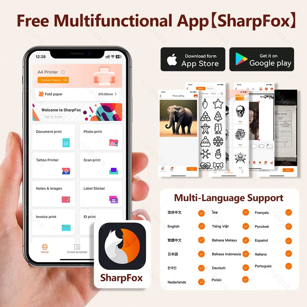 A4 Thermal PDF Word Portable Printer A4 Tattoo Photo Transfer Stencil Office Inkless Bluetooth Wireless Document Print Maker