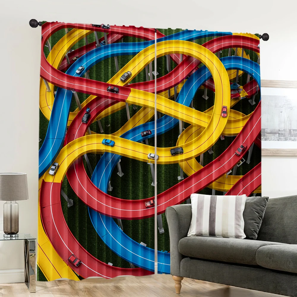 2pcs, spring summer Curtains Vibrant racing track Sheer Curtains Versatile Polyester Decorations Outdoor Perfect for Bedroom, 6