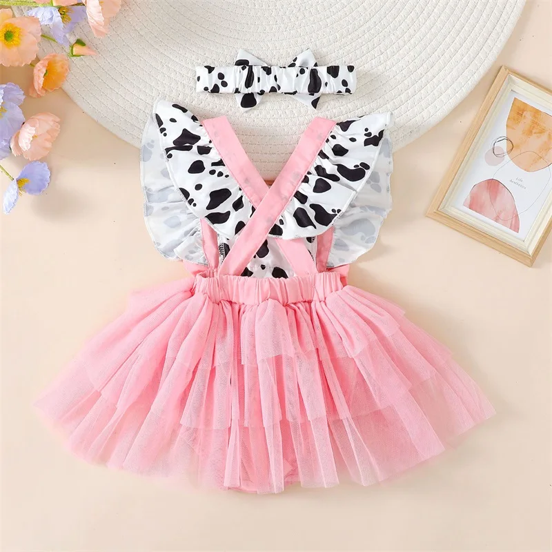 Newborn Baby Girl Pink Cow Print Ruffle Tutu Tulle Romper Dress Princess Birthday Western Cowgirl Summer Outfit 2