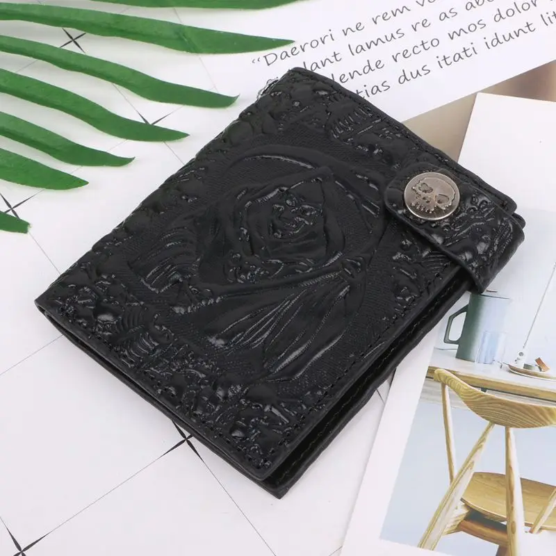 Vintage Skull Leather Wallet With Anti Theft Chain Men Bifold  Credit Card Ho E74B