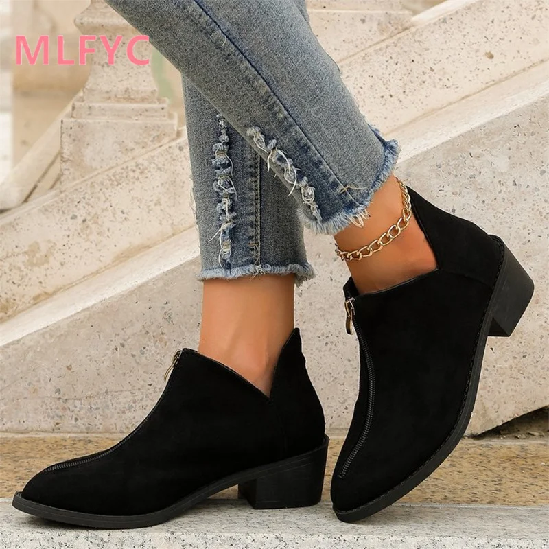 Autumn/Winter New Foreign Trade Women's Single Boot Large Leopard Print Front Zipper Square Heel Short Boots for Women