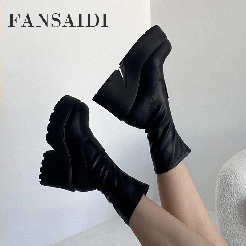 

FANSAIDI 2022 Fashion Winter Zipper Platform Block Heels Ankle Boots Goth Platform Matin Female Boots New Big Size40 41 42 43