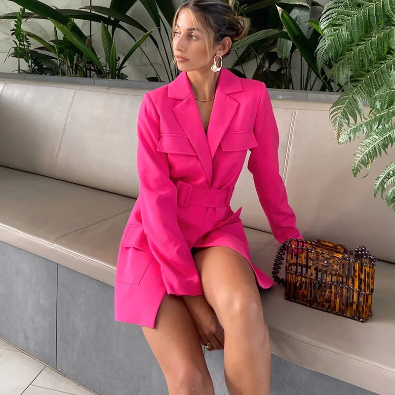 Free Belt Buttonless Solid Colors Slim Commute Blazer with Pocket Fashion 2024 Spring New Jacket Casual Office Blazers Women za