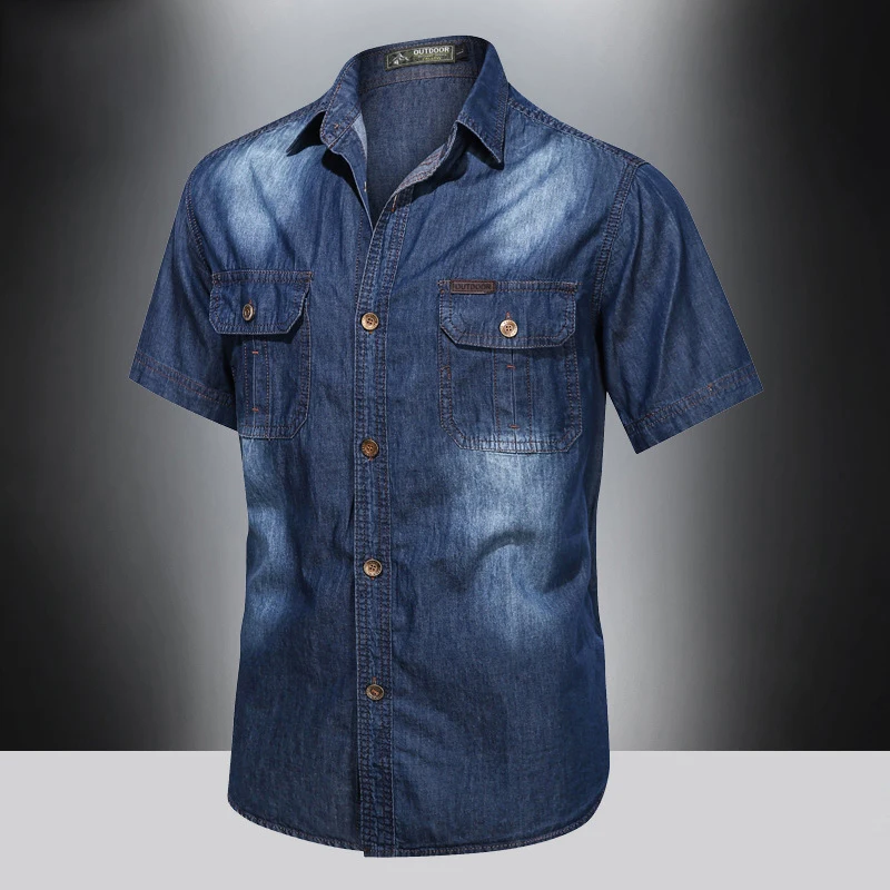 Denim shirt men pure cotton short sleeved American loose fitting workwear ice silk quick drying casual versatile