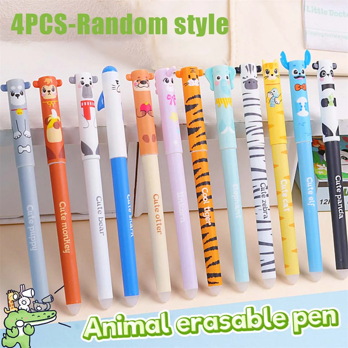 Confezione da 4 penne cancellabili, con disegni casuali di animali. Perfetto per la scuola, l'ufficio, i diari e la stagione di ritorno a scuola - immagine 6